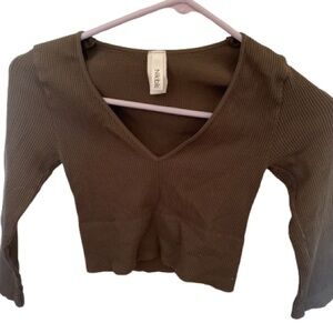 Nicole Olive Ribbed V-Neck Long Sleeve Top